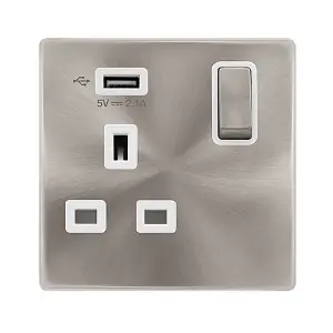 Brushed Steel Screwless Plate 1 Gang 13A DP Ingot 1 USB Switched Plug Socket - White Trim - SE Home