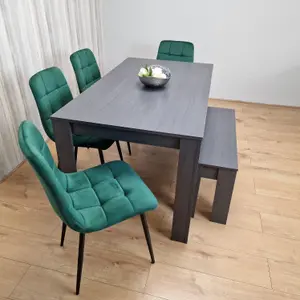 Grey Dining Table and 4 Green Velvet Tufted Chairs with 1 Bench