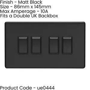 3 PACK 4 Gang Quad Light Switch SCREWLESS MATT BLACK 2 Way 10A Slim Rocker