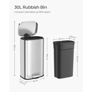 SONGMICS Kitchen Pedal Trash Bin with Hinged Lid and Plastic Inner Bucket, 30 Litre Stainless Steel Rubbish Garbage Can