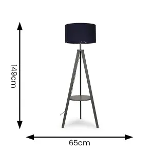 ValueLights Morrigan Grey Wood Tripod Design Floor Lamp with Storage Shelf & Navy Blue Drum Shade - Includes 6w LED Bulb 3000K