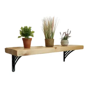 Solid Wood Handmade Rustical Shelf Primed 225mm 9 inch with Black Metal Bracket WAT Length of 210cm