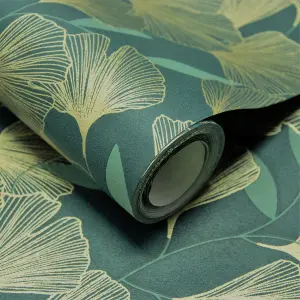 Grandeco Gingko Leaf Textured Metallic Wallpaper, Green