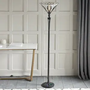 1.7m Tiffany Floor Lamp Black Stem & Retro Stained Glass Shade Uplighter i00002