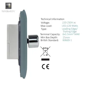 Trendi Switch 2 Gang 1 or 2 way 150w Rotary LED Dimmer Light Switch in Cool Grey