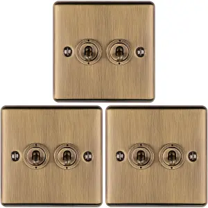 3 PACK 2 Gang Double Retro Toggle Light Switch ANTIQUE BRASS 10A 2 Way Plate