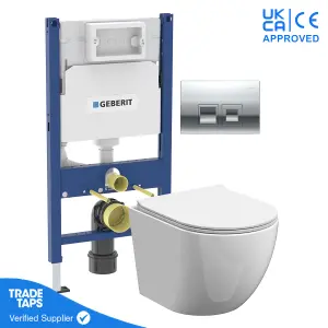 White Wall Hung Toilet Rimless Pan with Geberit Concealed Cistern Frame 98cm & Delta35 Gloss Chrome Flush Plate