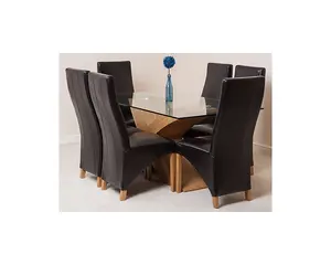 Valencia 160 cm x 90 cm Glass Dining Table and 6 Chairs Dining Set with Lola Brown Leather Chairs