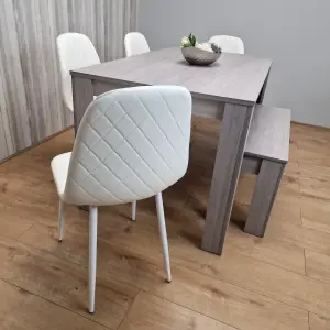 Grey Dining Table with 4 Diamond Stitched White Chairs and 1 Bench