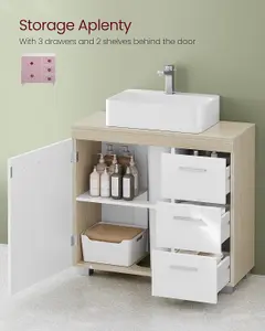 VASAGLE Under Sink Bathroom Cabinet, Storage Cabinet, with 3 Drawers, Compartments Behind the Door, Cloud White and Natural Beige