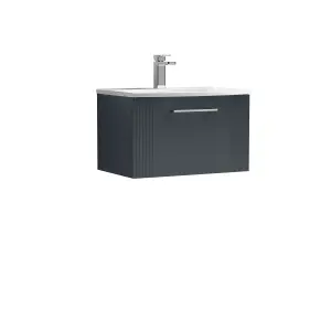 Retro 1 Drawer Wall Hung Vanity Unit with Curved 1 Tap Hole Ceramic Basin - 600mm - Satin Soft Black - Balterley