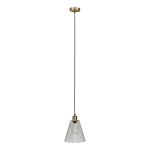 ValueLights MacArthur Modern Satin Gold Suspended Ceiling Pendant Light Fitting with Ribbed Clear Glass Shade