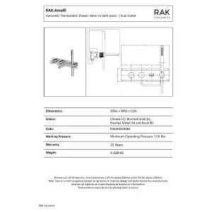 RAK Amalfi Thermostatic Concealed Dual Outlet Shower Valve, Handset and Bath Spout - Brushed Nickel