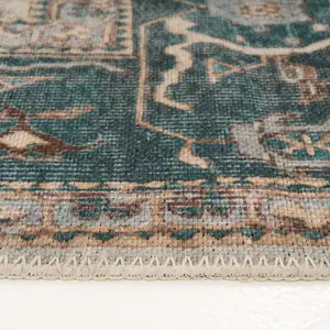 Distressed Teal Blue Beige Persian Style Washable Non Slip Rug 120x170cm