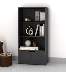 URBNLIVING Height 118Cm 4 Tier Wooden Bookcase Cupboard with Doors Storage Shelving Display Colour Black Door Black Cabinet Unit