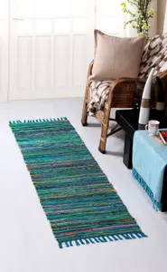 Festival Recycled Cotton Blend Rag Rug in Varied Colourways Indoor and Outdoor Use / 120 cm x 180 cm / Blue