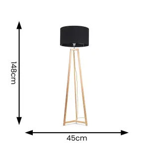 ValueLights Lottie Natural Wood Tripod Floor Lamp with Black Drum Shade