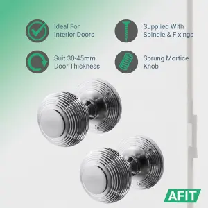 AFIT Beehive Door Knob Set Polished Chrome - 1 Pair of Reeded Mortice Knobs (55mm), Latch (76mm) & Hinges (76mm) for Internal Door