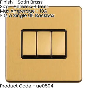 5 PACK 3 Gang Triple Light Switch SCREWLESS SATIN BRASS 2 Way 10A Slim Rocker