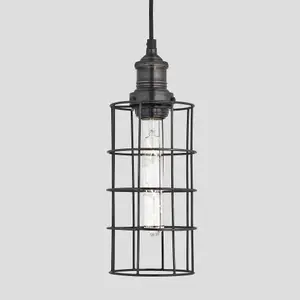 Industville Brooklyn Wire Cage Pendant, 5 Inch, Pewter, Cylinder, Pewter Holder