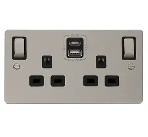 Flat Plate Pearl Nickel 2 Gang 13A DP Ingot Type A & C USB Twin Double Switched Plug Socket - Black Trim - SE Home