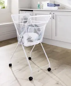 No Bend Laundry Basket on Wheels - Lightweight Foldable Washing Trolley, Holds up to 14KG, White, H87 x W56 x D46cm