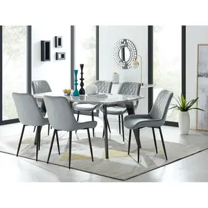 Anders Modern High Gloss Marble Effect Dining Table Set with 6 Luxury Velvet Dining Chairs Grey/Black