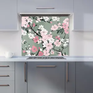 Pink Floral Abstract Pattern Premium Glass Kitchen Splashback W600mm x H650mm