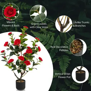 Costway Artificial Camellia Tree Faux Flower Plant Pot Artificial Tree W/ 24 Red Flowers