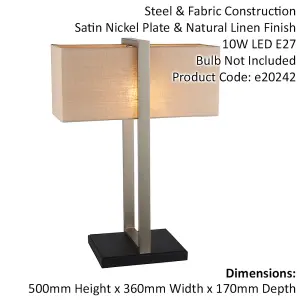 Satin Nickel Framed Table Lamp Light & Rectangular Linen Shade - Matt Black Base