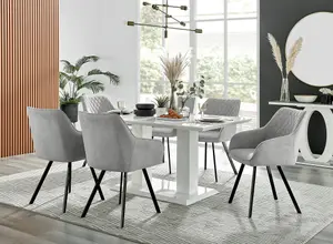 Imperia White High Gloss 6 Seater Dining Table with Structural 2 Plinth Column Legs Light Grey Fabric Black Leg Falun Chairs