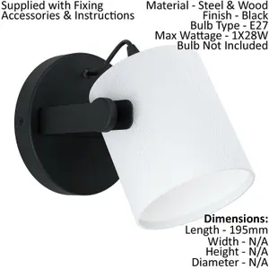 LED Wall Light / Sconce Black Steel & White Fabric Shade 1 x 28W E27 Bulb