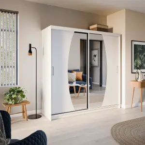 Elypse Contemporary 2 Mirrored Sliding Door Wardrobe 9 Shelves 2 Rails White (H)2000mm (W)2000mm (D)620mm