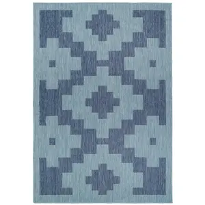 Blue Geometric Flatweave Indoor Outdoor Weatherproof Washable Area Rug 120x170cm