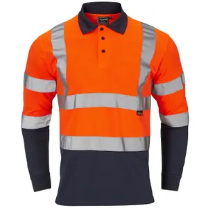 Hi Viz Two Tone Long Sleeve Bird Eye Polo Shirt- Orange/ Navy - XL