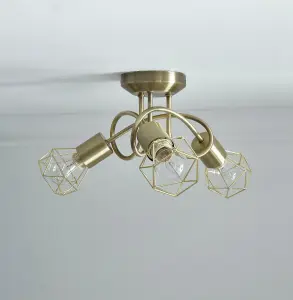 Juno Antique Brass 3lt Ceiling Fitting with Brass Wired Shades