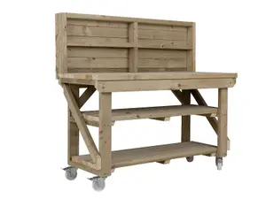 Indoor/outdoor workbench pressure treated station (H-90cm, D-64cm, L-150cm) with back panel, double shelf and wheels