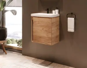 Bathroom Vanity Unit and Basin 500 Cloakroom Sink Wall Cabinet Oak Finish Avir