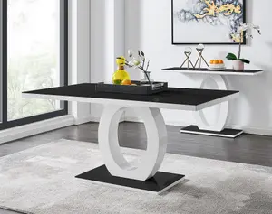 Giovani Rectangular 6 Seat White High Gloss Unique Halo Base Dining Table Black Glass Top 6 Grey Velvet Black Leg Pesaro Chairs