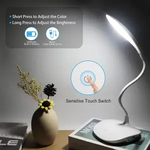 Extrastar 3W LED Desk Lamp, USB Rechargeable Reading Light with Touch Control, 24 LEDs Dimmable Bedside Lamp 3 Colour Temperature