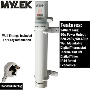 Mylek Tubular Heater 60W - 340mm - Low Energy Tube - Built in Digital Timer Thermal Cut Out - Mounting Brackets Greenhouse, Garage