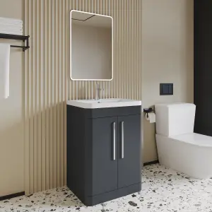 Floor Standing 2 Door Vanity Unit with Ceramic Basin - 600mm - Soft Black