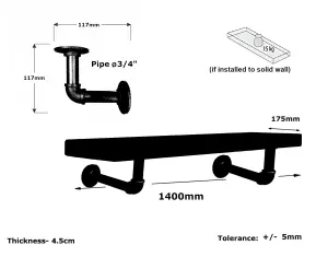 Wooden Shelf with Bracket PIPE Black 175mm Antique Grey Length of 140cm