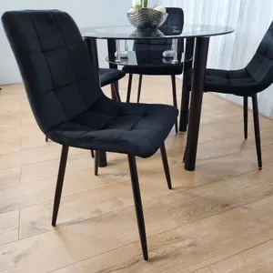 Round Glass Black Kitchen Dining Table With Storage Shelf And 4 Black Tufted Velvet Chairs Kitchen Dining Set