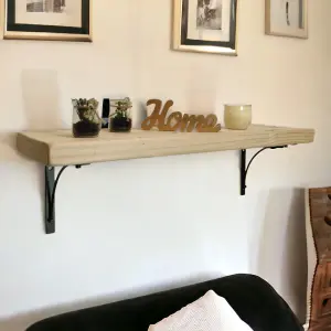 Solid Wood Handmade Rustical Shelf Unprimed 225mm 9 inch with Black Metal Bracket BOW Length of 220cm