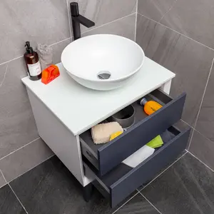 Queens White Floor Standing Bathroom Vanity Unit with Pre-drilled Tap Hole Worktop (W)65cm (H)69cm