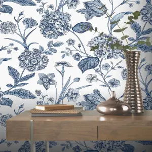 Rasch Hydrangea Blue Printed Wallpaper Roll Bedroom Hallway Wall Decor Sample Only