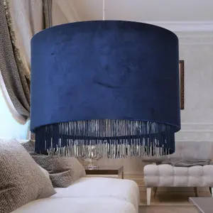 First Choice Lighting Set of 2 Navy Velvet With Chrome Inner Tassled Light Shades