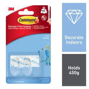 3M Command Small Clear Hook (Holds)450g, Pack of 2