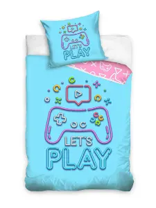 Let's Play Game Single Size 100% Cotton Reversible Duvet Cover and Pillowcase Set